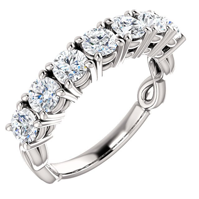 Item # SR128541PP - Platinum 7 diamonds anniversary ring with infinity symbol on the sides. Diamonds together weigh approximately 1.50ct. The diamonds are graded as G-H in color and VS in clarity.