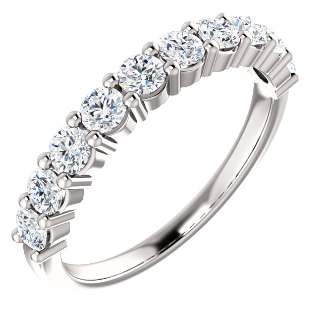 Item # SR128555075PP - Platinum 10 diamonds anniversary band. The diamonds together weigh 0.75ct and are graded as SI1 in clarity G-H in color.