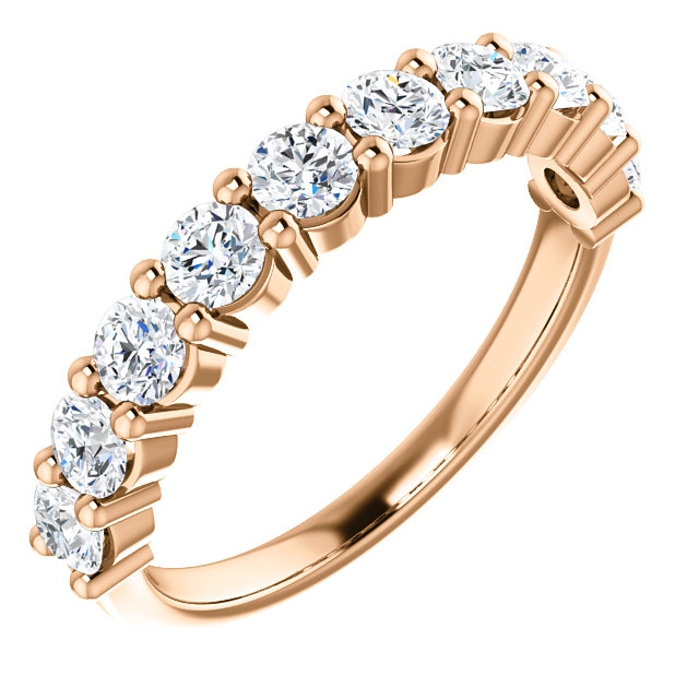 Item # SR128555100RE - 18K rose gold, 10 diamonds anniversary band. The diamonds together weigh 1.00ct and are graded as SI1 in clarity G-H in color.
