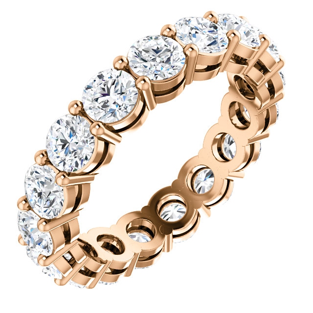 Item # SR128658350RE - 18K rose gold diamond eternity band. The ring holds 16 round brilliant cut diamonds with total weight of approximately 3.50ct. The diamonds are graded as VS in clarity G in color.