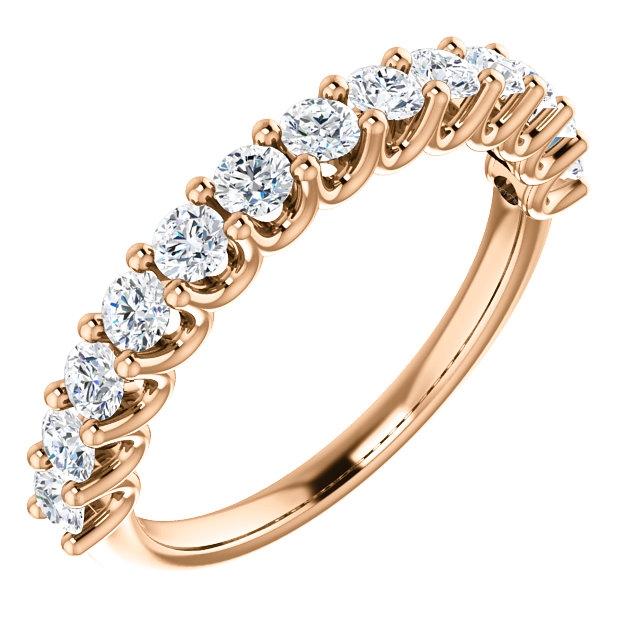 Item # SR128858075R - Eternal-Love 14K rose gold anniversary band. the ring holds 13 round brilliant diamonds with total weight of 0.75ct. The diamonds are graded as SI1 in clarity G-H in color.