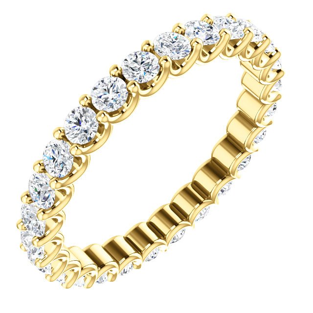 Item # SR128869100 - Eternal-Love diamond eternity band in 14K gold. Diamonds are set in shared prongs with a draped side profile displays an endless row of floating round brilliant-cut diamonds. The diamond total weight is approximately 1.0ct in size 6.0. 