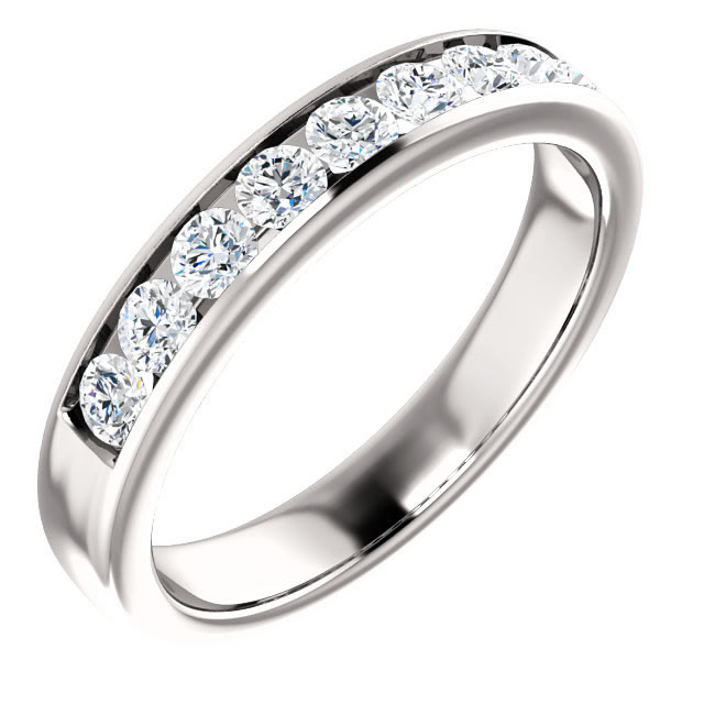 Item # SR9128811WE - One 18K white  gold 9 diamonds wedding band. Diamonds together weigh 1.0ct. The diamonds are all matching channel set and are graded as VS inclarity G-H in color