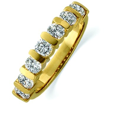 Item # ST11699E - 18 K yellow gold, 3.5 mm wide, anniversary band, holds 7 brilliant cut diamonds with total weight of approximately 1.0 ct. Diamonds are graded as VS1-2 in clarity G-H in color. The finish on the ring is polished. Other finishes may be selected or specified.