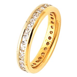 Item # ST126479E - 18kt Yellow gold diamond eternity ring. Each diamond measures 2.25 mm. In size 6.0 the ring holds 27 princess cut brilliant diamonds together weigh approximately 1.94ct. The diamonds are graded as VS in clarity G-H in color.