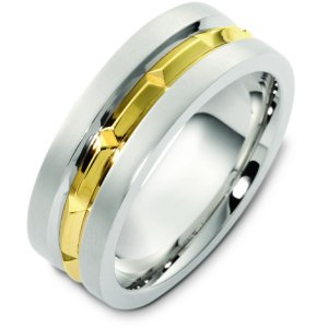 Item # T125611 - 14K two-tone gold, 8.0 mm wide, comfort fit, wedding band. The finish in the center is polished and the outer edges are matte. Other finishes may be selected or specified.