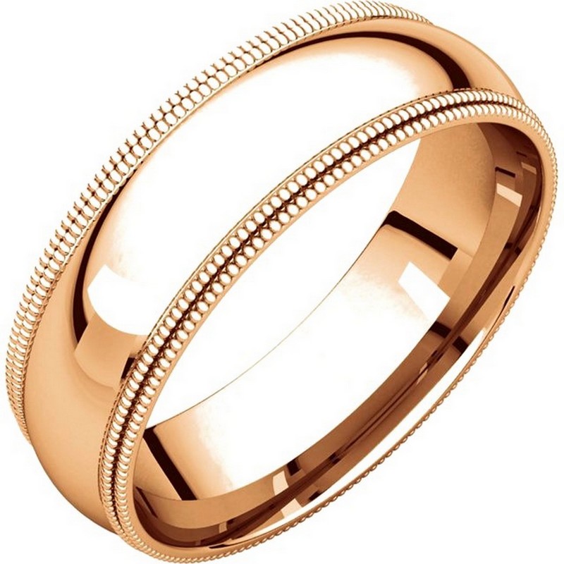 Item # TD123886R - 14K Rose gold 6.0 mm wide comfort fit double milgrain edge wedding band. The finish on the ring is polished. Other finishes may be selected or specified.