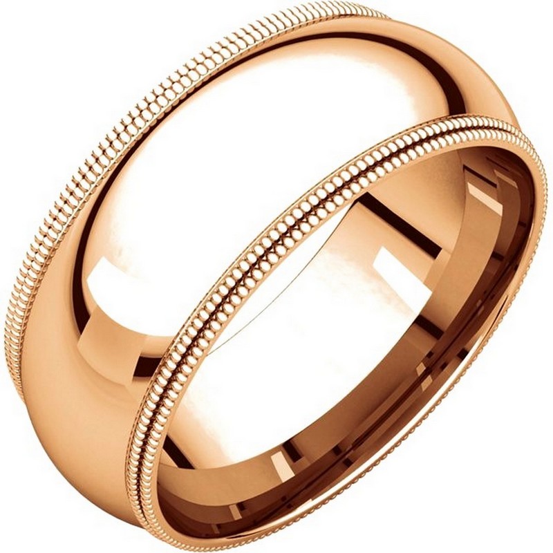 Item # TD123898R - 14K Rose gold 8.0 mm wide comfort fit double milgrain edge wedding band. The finish on the ring is polished. Other finishes may be selected or specified.