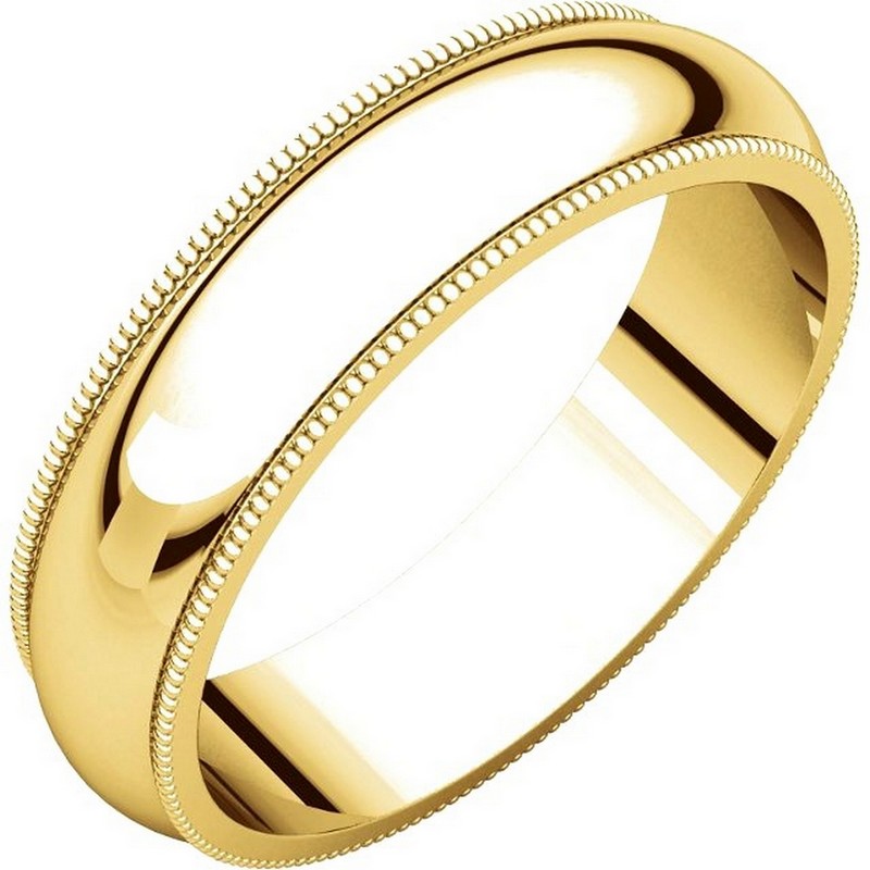 Item # TH23875 - 14kt Yellow gold, 5.0 mm wide heavy comfort fit, milgrain edge wedding band. The finish on the ring is polished. Other finishes may be selected or specified.