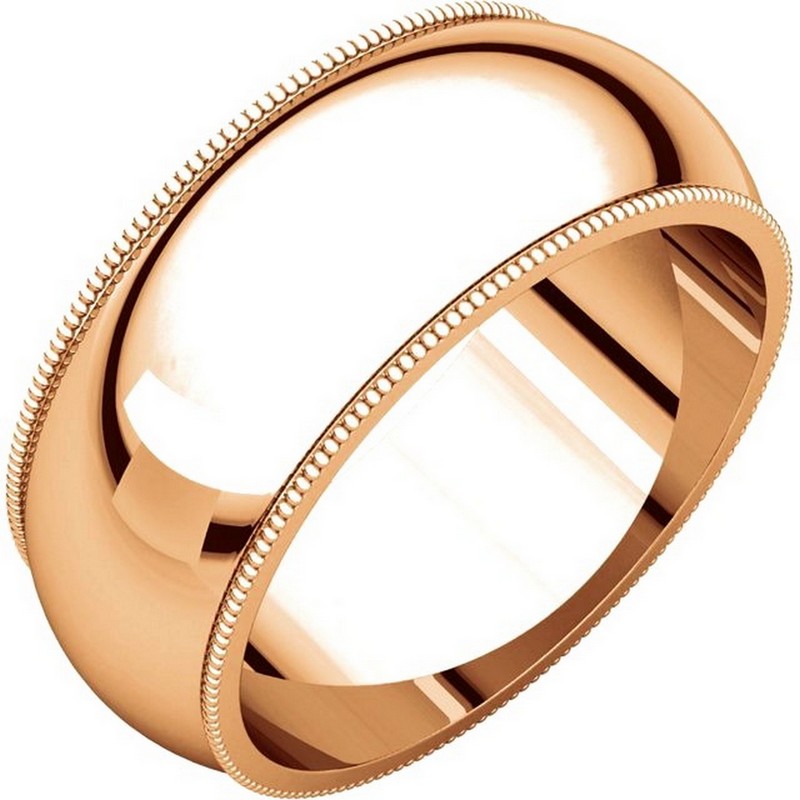 Item # TH23898RE - 18 kt Rose gold, 8.0 mm wide heavy comfort fit, milgrain edge wedding band. The finish on the ring is polished. Other finishes may be selected or specified.